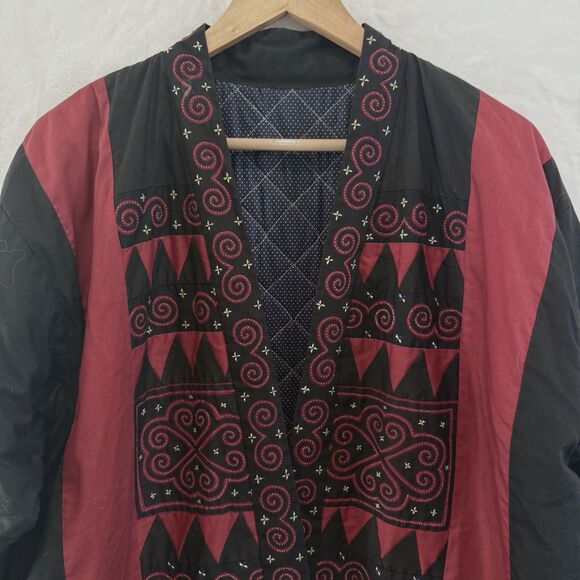 Handmade Quilt Jacket Red Black Patchwork Boho Festival Folk Art Large - Picture 10 of 11